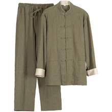 Осенняя мужская хлопковая льняная однобортная рубашка и брюки, китайский Мужской комплект тайцзи кунг-фу, свободный костюм ручной работы с пуговицами, 3XL 4XL