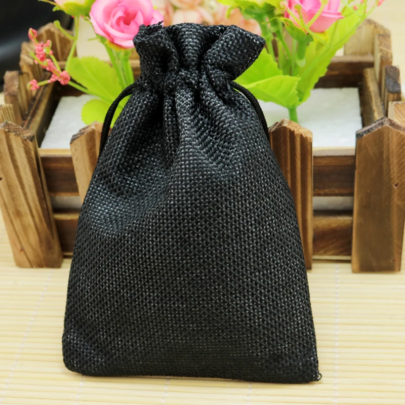 

10*14cm 50pcs Plain Black linen jute bag favor bracelet gifts jewelry packaging bag small Wedding drawstring burlap gift bags