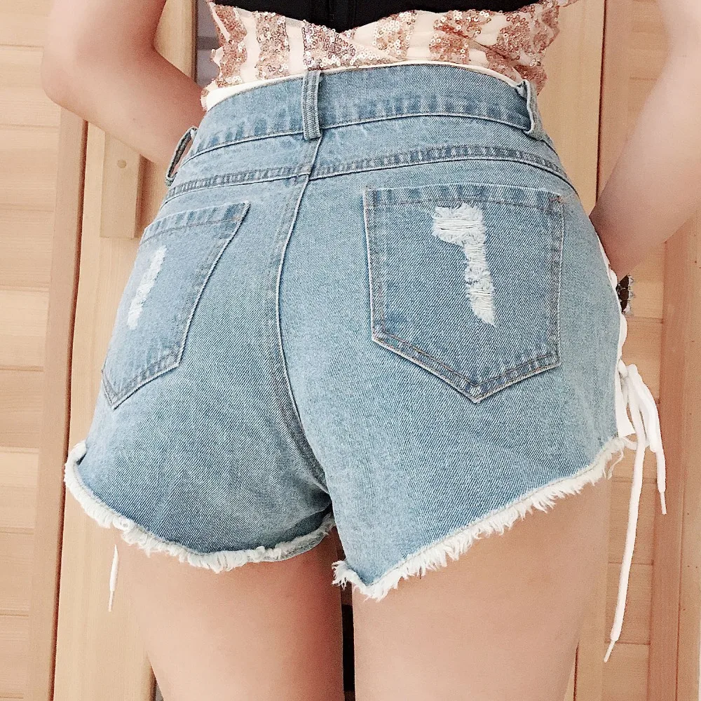 Шорты с высокой талией для Для женщин джинсы Sexy супер мини микро джинсовые рваные шорты выдалбливают 2018 клуб летом повязку короткие feminino