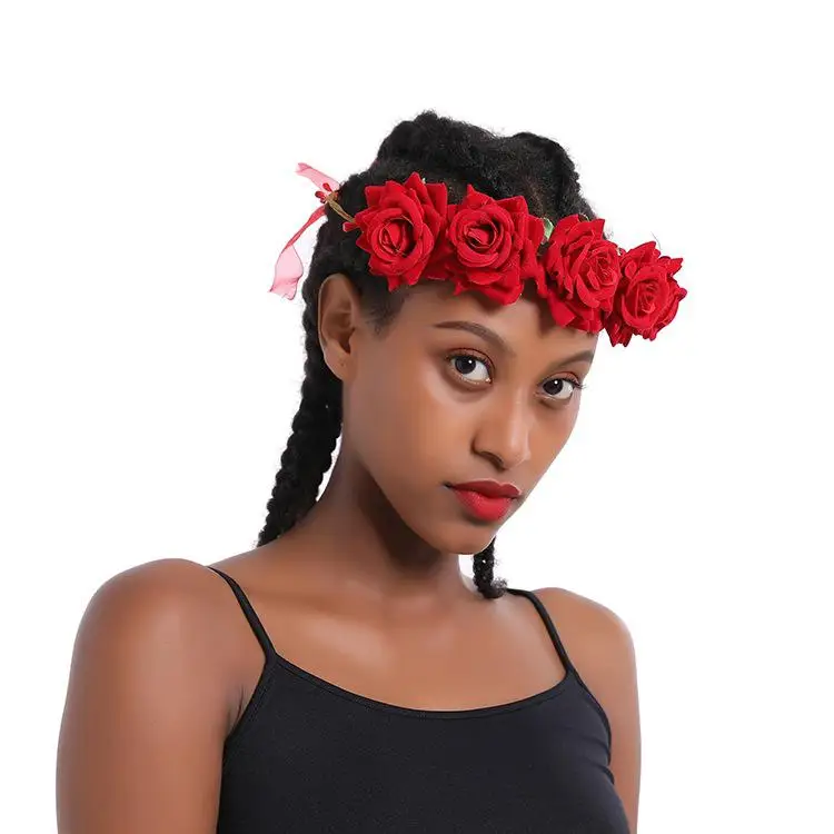 

Boho Floral Red Rose Flower Festival Forehead Headband Hair Accessories For Women Hair Garland Pink/Purple Bridal Headwear 2019