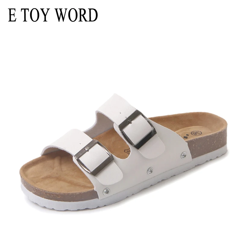 

E TOY WORD Plus size 40-43 women shoes 2019 Summer beach shoes Cork Slippers Casual Metal Double Buckle cheap womens flip flops