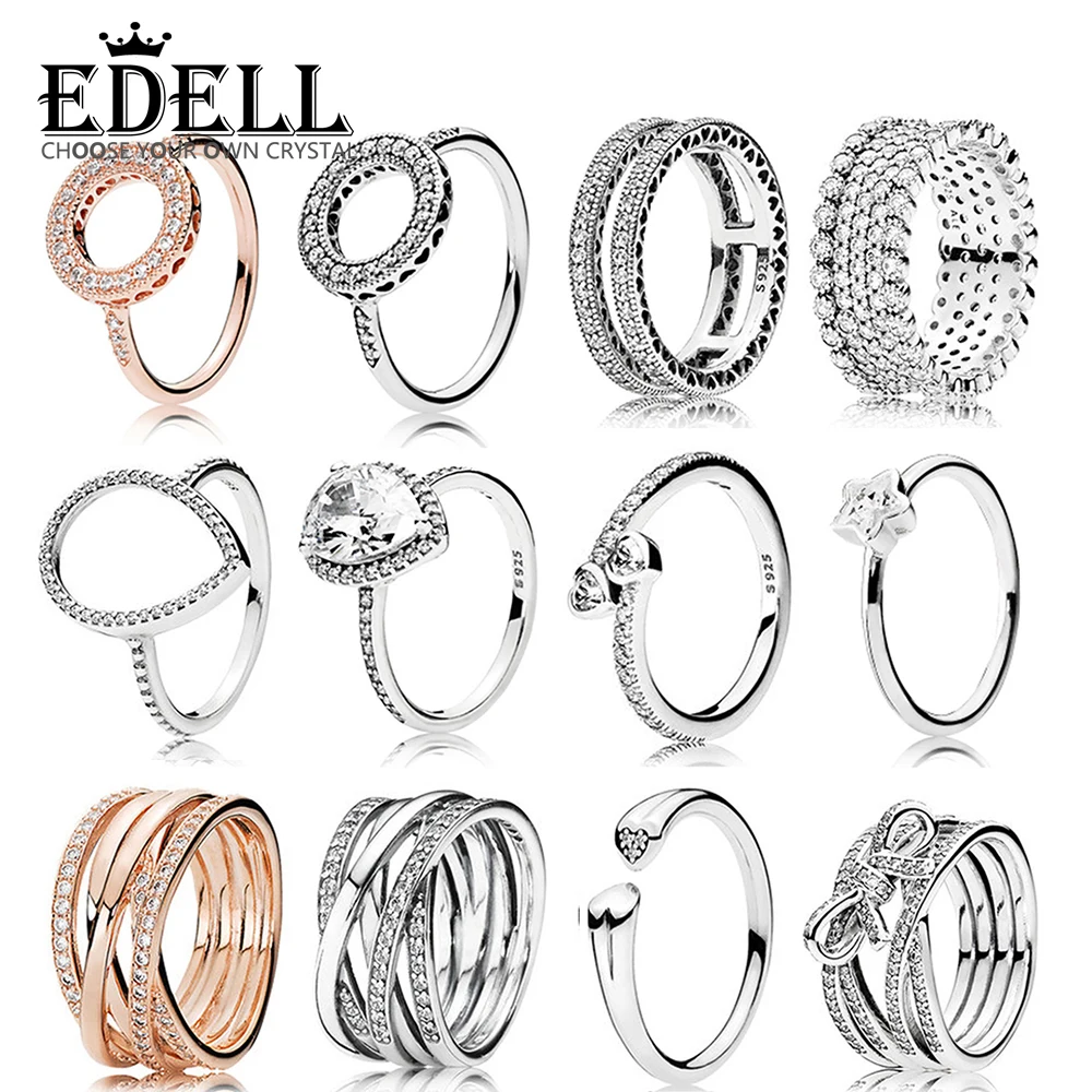 

EDELL 100%925 Sterling Silver Jewelry Zircon Charm Heart-Shaped Water Drops Stars Ring Bow Round Hollow Rose Gold Ring