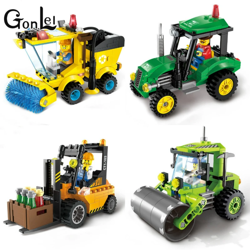 

GonLeI City Series Forklift Truck Tractor Sweeper Truck Construction Road Roller Building Block Kids Toy with City
