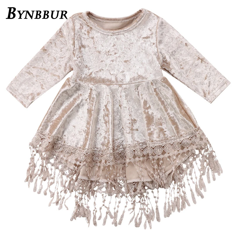 Bynbbur Tassels Lace Patchwork Velvet Solid Dress Girls Kid Party Dress Cute Baby Princess Elegant Dress 2019 Spring Summer New