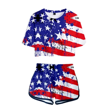 

Memorial Day Harajuku Free shipping 3D Cool Two Piece Sets Summer Casual Soft High Quality Women O-neck Crop Top +Short Cool Set