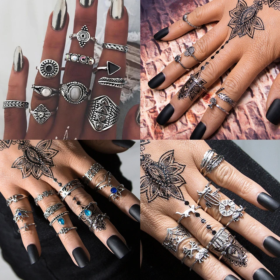 

Qiao La Bohemia Antique Gold Silver Flower Hand Rose Heart Crown Carved Rings Set Knuckle Finger Midi Ring for Women Jewelry