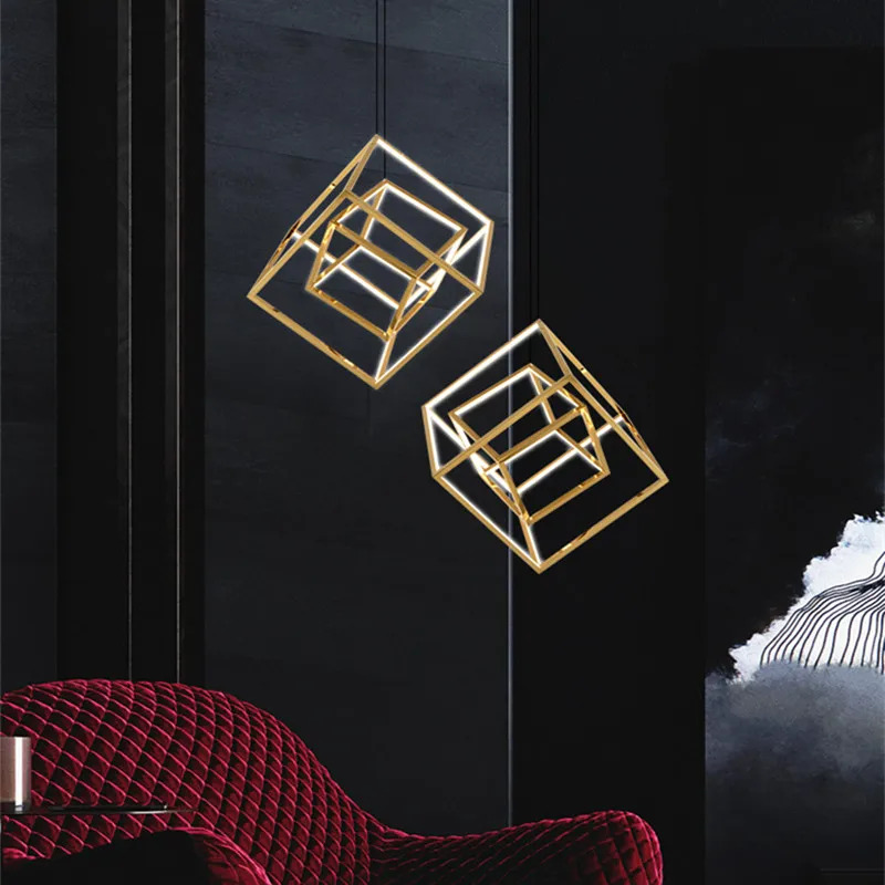 

Modern Geometric Square Led Chandelier Nordic Golden Designer Dining Living Room Hotel Villa Hanging Light Fixtures