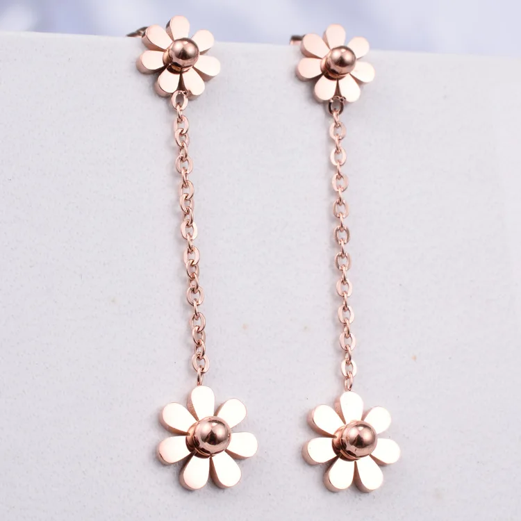 

Pink gold color double daisy flowers earrings for women, stainless steel dangle earings best friends gift jewelry brincos femme