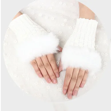 Зимние женские теплые стильные перчатки, вязаные перчатки из искусственной шерсти, перчатки без пальцев из кроличьего меха, женские перчатки на запястье, подарок - Цвет: White