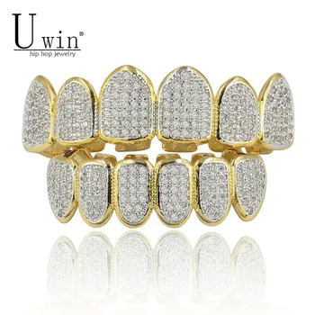 

UWIN Hip Hop GRILLs Iced Out AAA Zircon Fang Mouth Teeth Grills Caps Top & Bottom Grill Set Men Women Grills Fashion Jewelry