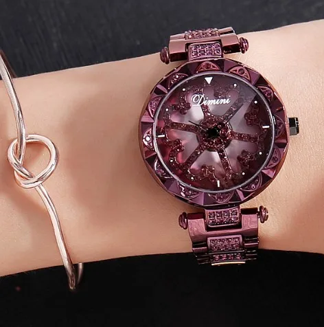Новые модные мужские и женские часы, наручные часы из нержавеющей стали, женские блестящие вращающиеся нарядные часы с большим бриллиантовым камнем, наручные часы - Цвет: purple heart
