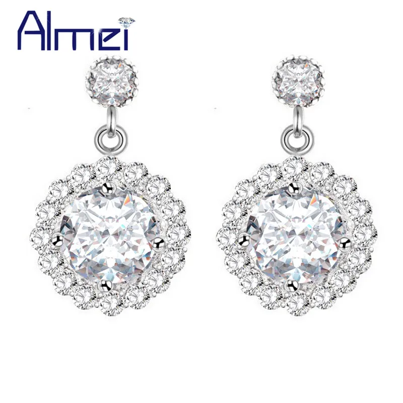 

Almei Drop Earrings With Big White Stone for Women Wedding Lady Silver Earring Fashion Crystal Brincos Accessories JS2481