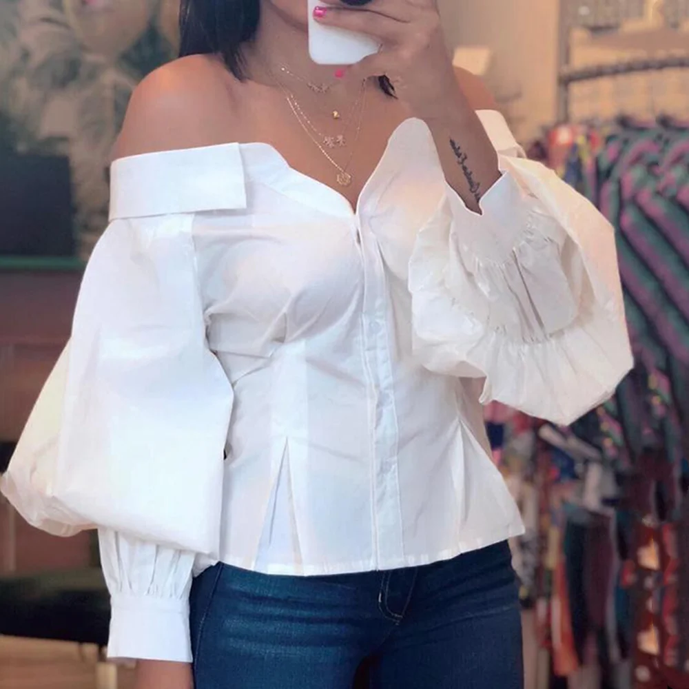 

Off Shoulder Women Blouse White Elegant Lantern Long Sleeve Button Summer Spring Female Shirt Sexy Casual Party Crop Tee Clothes