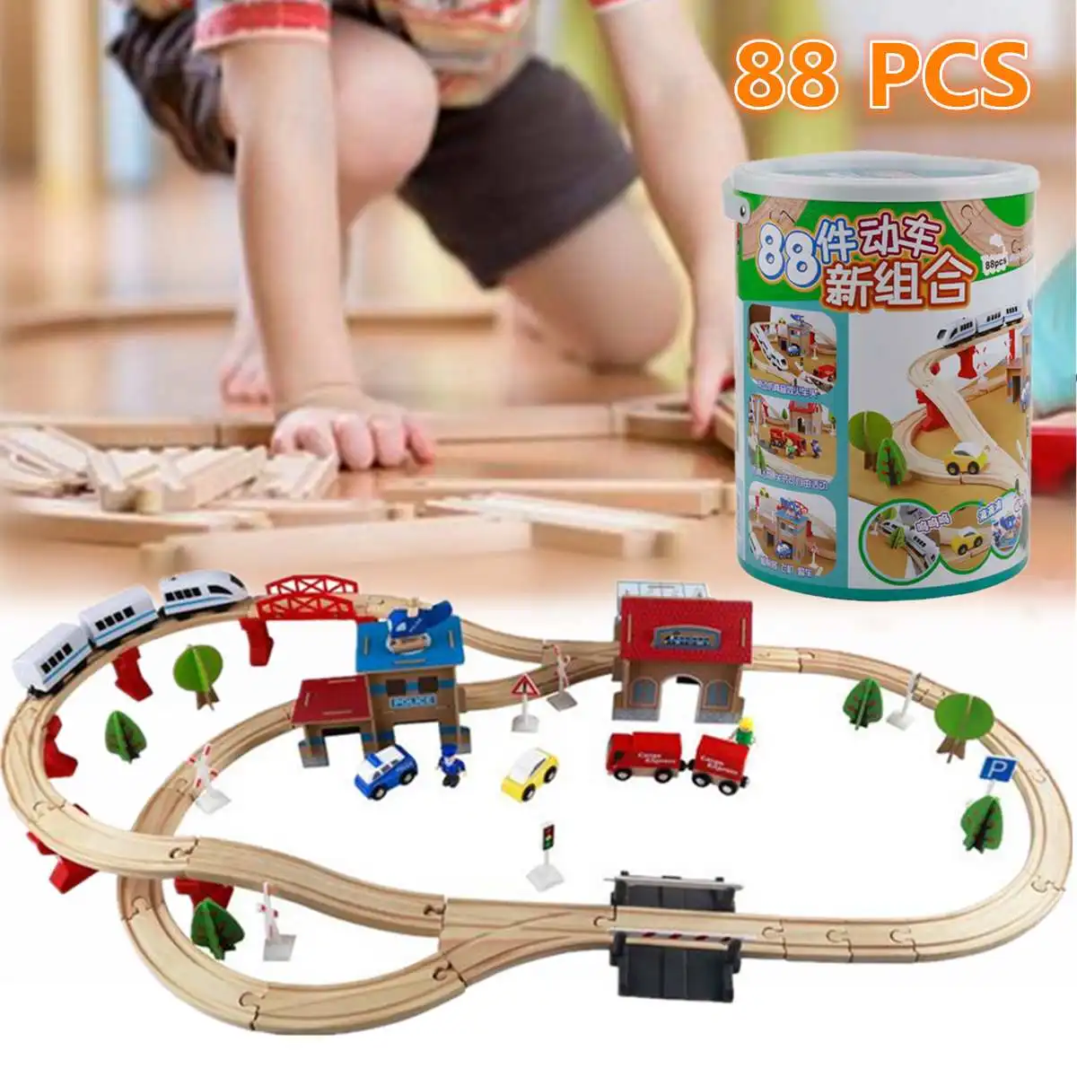 

88 Pcs Wooden Train Track Set Kids Wooden Railway Puzzle Slot Transit Tracks Rail Transit Train Railway Toys For Children's Gift