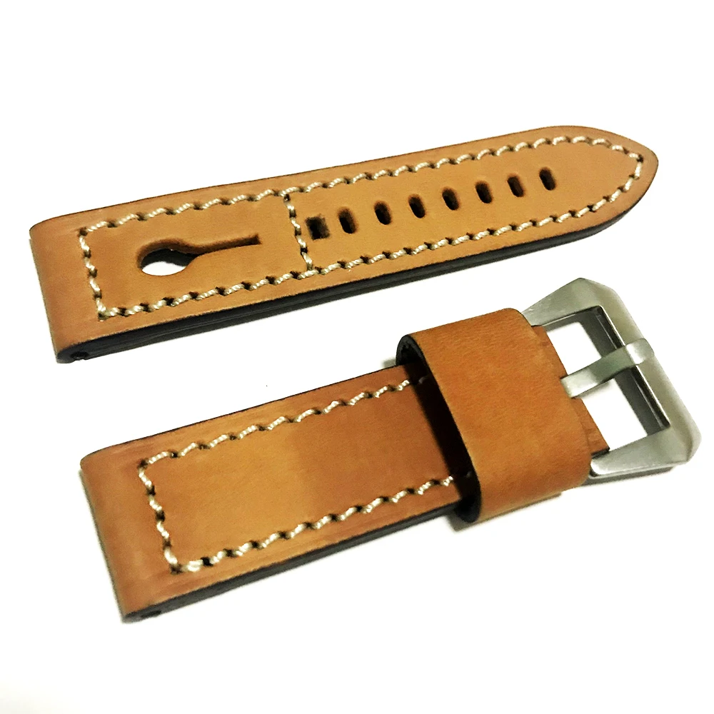 Fashion Men Watch Band Brown Gray Leather Strap 24 24MM Wristwatch Band With Stainless Steel