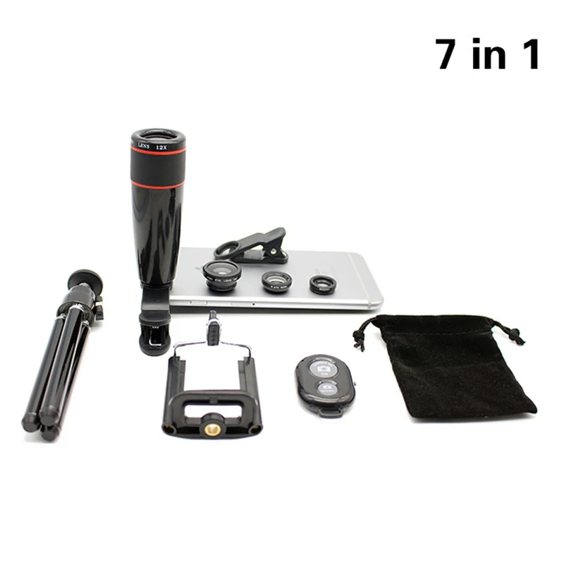 7in1 12x Zoom Camera Lenses for Universal Cell Telescope Mobile Phone Lens Tripod 3in1 Fish eye