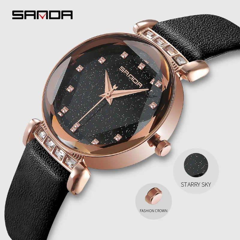 

SANDA Leather Strap Women Watches Top Brand Luxury Fashion Diamond Ladies Watch Women relogio feminino New reloj mujer