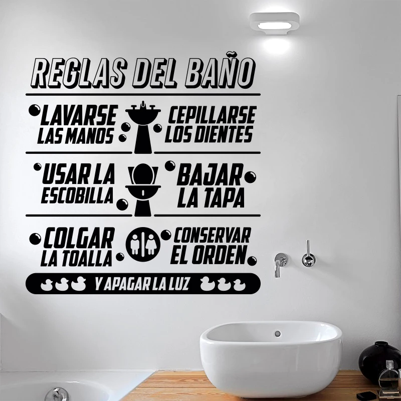 Art-Design-Bathroom-rules-in-Spanish-kids-Quote-wall-sticker-home-decor-Vinyl-Toilte-Wall-Decals