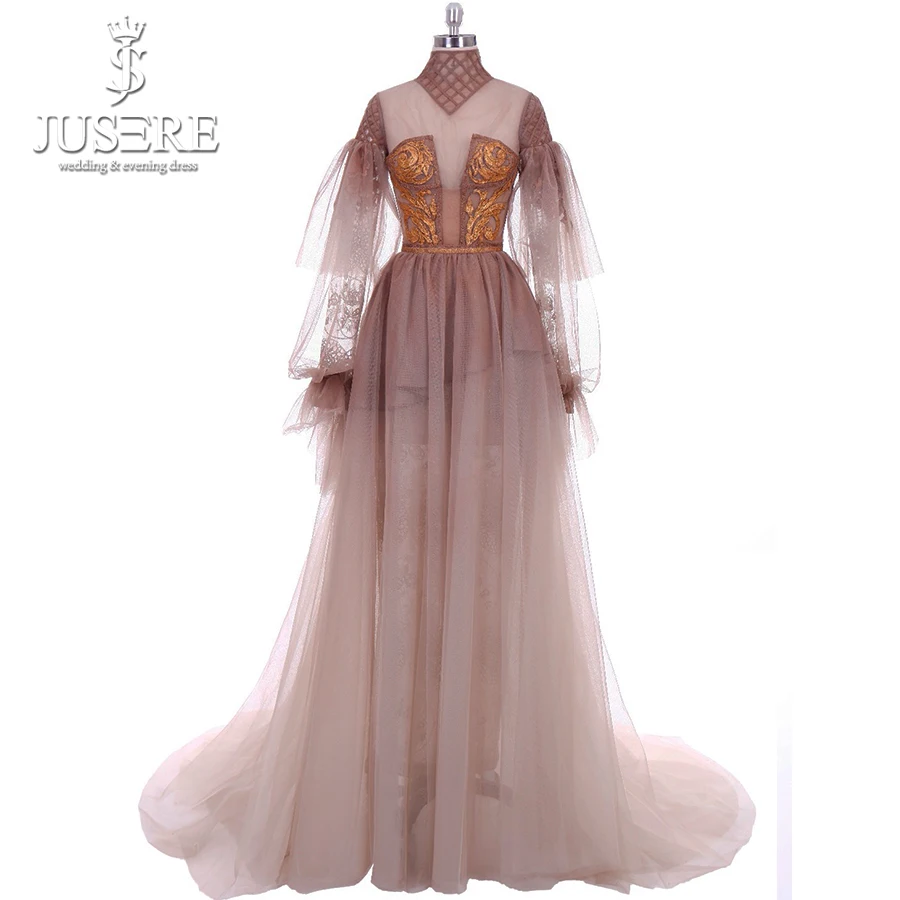 

Jusere Unique Design High Neck Grid Golden Appliques Lattern Sleeves Semi A line Tulle Evening Dress 2018