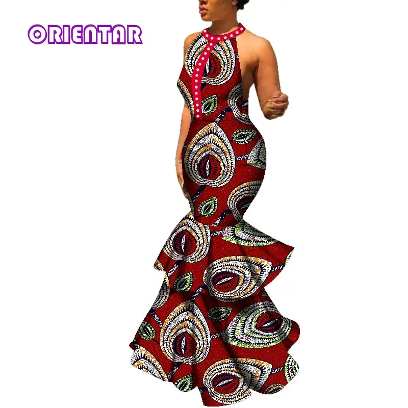 

Women African Long Dress Sexy Sleeveless Backless O-neck Wedding Party Dress Traditional African Print Bazin Riche Dresses WY198