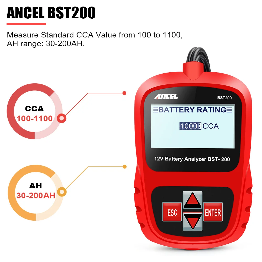 ANCEL BST200 тестер аккумуляторной батареи автомобиля многоязычный 12 В 1100CCA аккумуляторная система обнаружения автомобильной аккумуляторной батареи диагностический инструмент