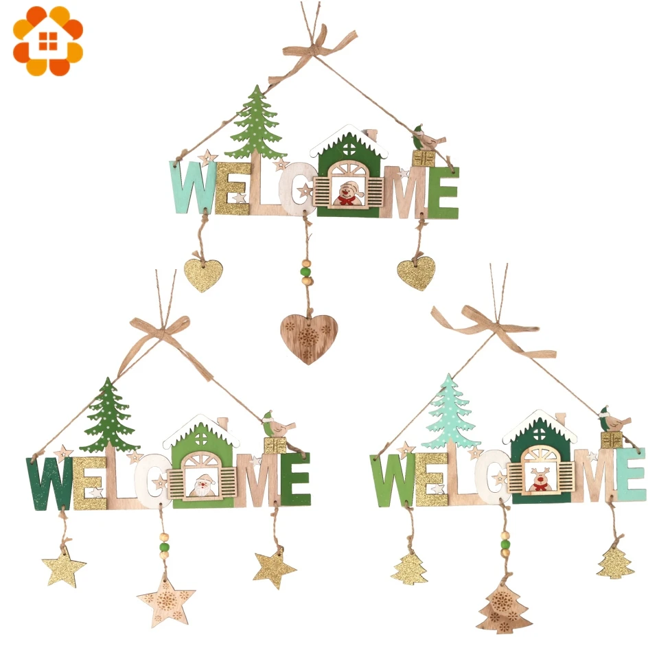 

1PC Welcom Christmas Wooden Doorplate Pendants Ornaments DIY Wood Crafts For Home Door Christmas Tree Ornaments Decorations