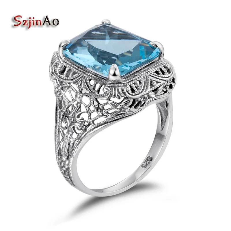 

Szjinao Flower Pattern Turkish Jewelry 925 Sterling Silver Rings For Women Aquamarine Fashion Retro Solitaire Engagement Ring