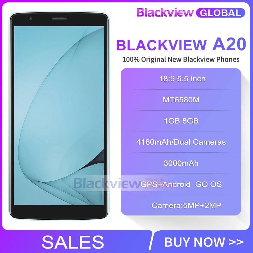 Blackview A20 смартфон 5,5 дюймов 18:9 Android Go двойная камера 1 ГБ 8 ГБ MT6580M 5MP 3g мобильный телефон