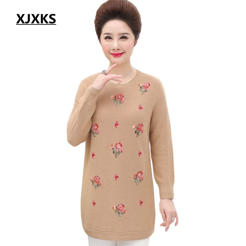 

XJXKS Autumn and winter sweater women plus size 4xl print flowers befree new product casual womens pullover long sweaters