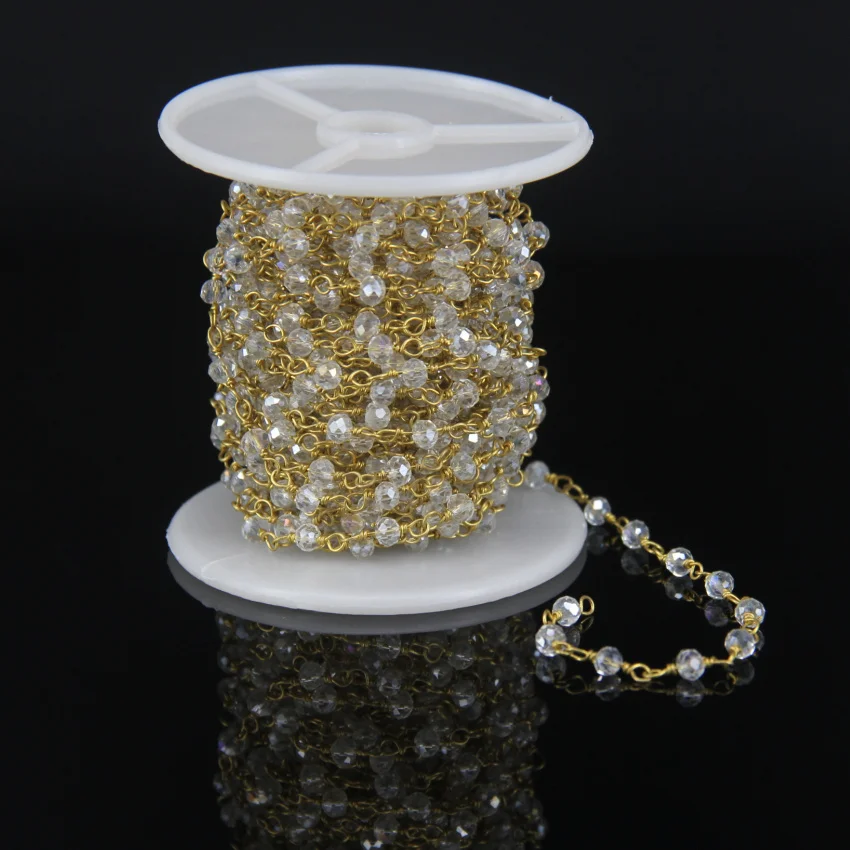 

3x4mm Wholesale Beautiful Clear White Glass Rosary Beaded Chain-Crystal Glass Faceted Rondelle Beads Cooper Wire Wrapped Chain