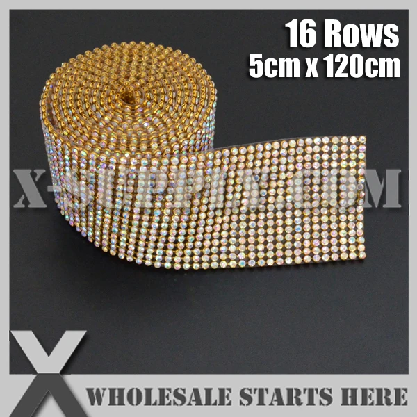 

3mm/16 Rows Iron On Rhinestone Mesh Trim Crystal AB in Gold Base with Back Glue for Bridal Dress,Cake Stand,Wine Bottom