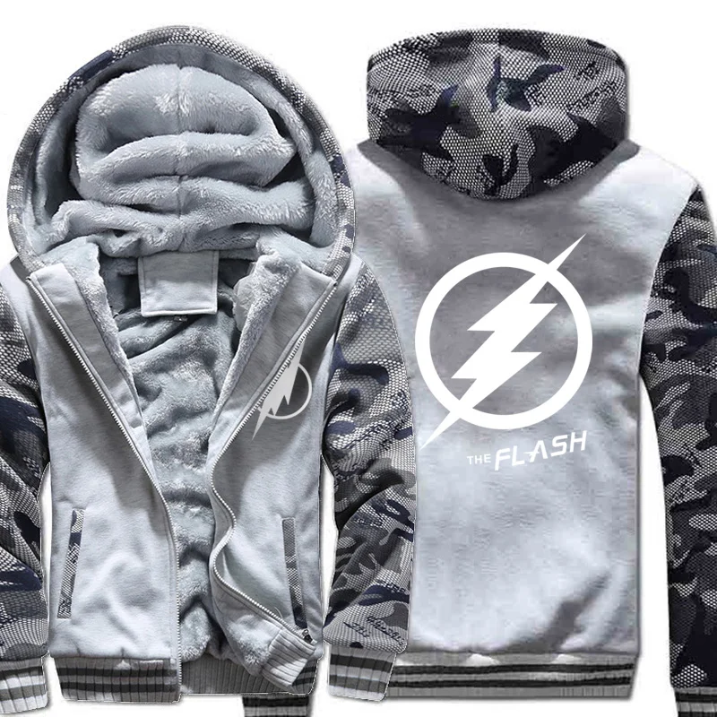 

2019 New Autumn Winter Warm Coats The Flash Thicked Hoodies Anime Justice League Sweatshirts Camouflage repair Zipper Jackets