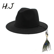 Новинка, шерстяная женская шляпа унисекс, Женская Шляпа Fedora Для Laday, шерстяная головная повязка с перьями, джазовая церковная Кепка
