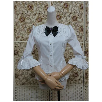 

New Girls Ladies Pure Cotton Three Quarter Flare Sleeve White Victorian Lolita Shirt With A Black Bow-knot Women Sweet Shirt