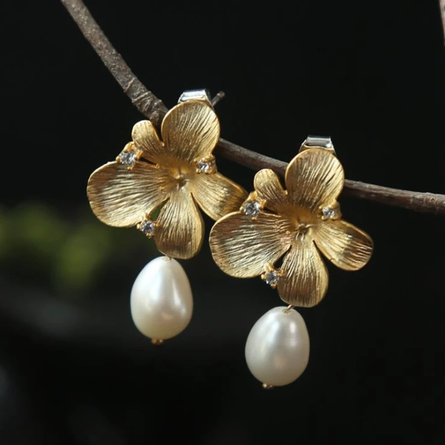 

2019 Big Freshwater Pearls Earrings Large Flower Drop Dangle Earring 14K Gold Plated Earrings 925 Silver Fine Jewelry for Women
