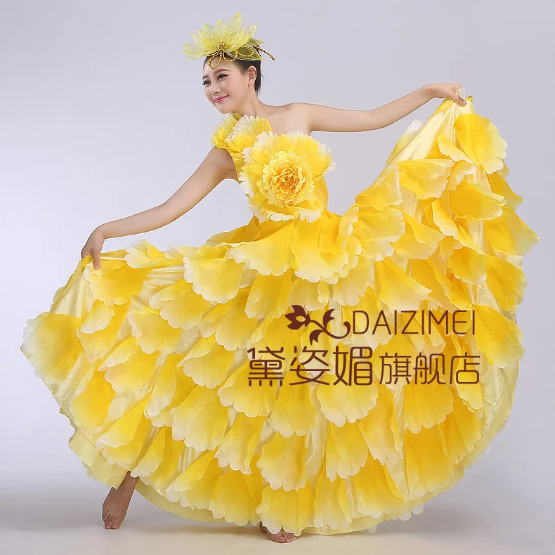 Испания открытие Костюмы для фламенко танец большой Платья для женщин длинная куртка с секциями современной Одежда для танцев костюмы исполнительских искусств этап Костюмы цветы - Цвет: Цвет: желтый