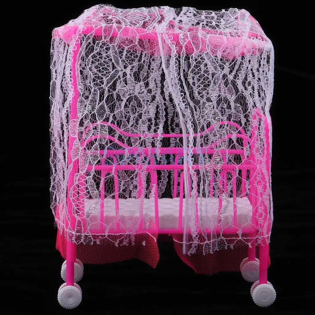 Dollhouse Miniature Mini Cradle Bed w/ Lace Cover Bedroom Furniture Decor For 3 inch Dolls 1/6 Action Figures Accessory
