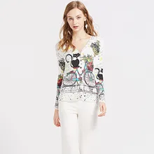 Весна-Осень, модный розовый вязаный свитер в Корейском стиле с длинным рукавом и рисунком кота, женская одежда, вязаный свитер с v-образным вырезом