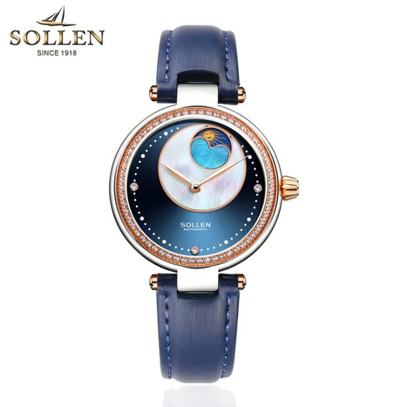 SOLLEN женские синие часы с бриллиантами дизайн женские механические часы лучший бренд Роскошные женские сапфировые хрустальные женские часы подарок - Цвет: Синий