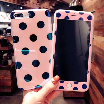 

For iPhone 8plus blue ray Polka Dots Cases & Tempered Glass Screen film For iPhone X 8 7 7Plus 6 6S 6SP Retro Soft Back cover