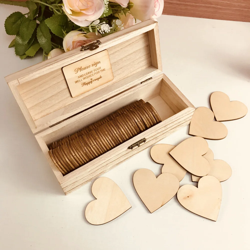 Personalized Wedding guest book with hearts,Custom name and date Wooden Keepsake box,rustic engrave wedding guest book (3)