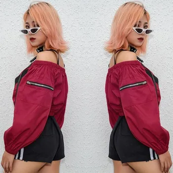 

NEW Women Hip Hop Jacket Solid Long Sleeve Off Shoulder Bustier Short Jacket Casual Loose Zipper High Street Tops