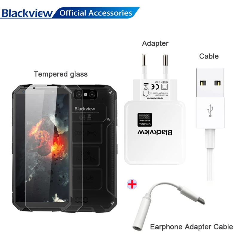 

Original Blackview Tempered Glass Film and Charger Apdater and Cable and Earphone Adapter for BV9500 Pro