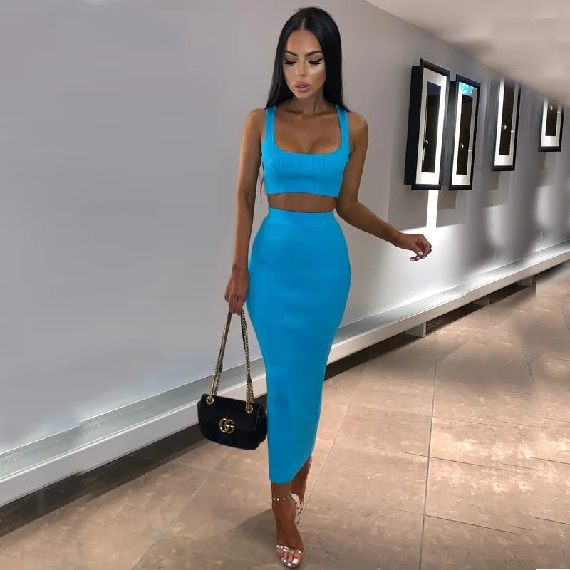 Hugcitar  spaghetti straps crop tops skirt 2 pieces sets 2019 summer women neon green solid party streetwear female slim elegant