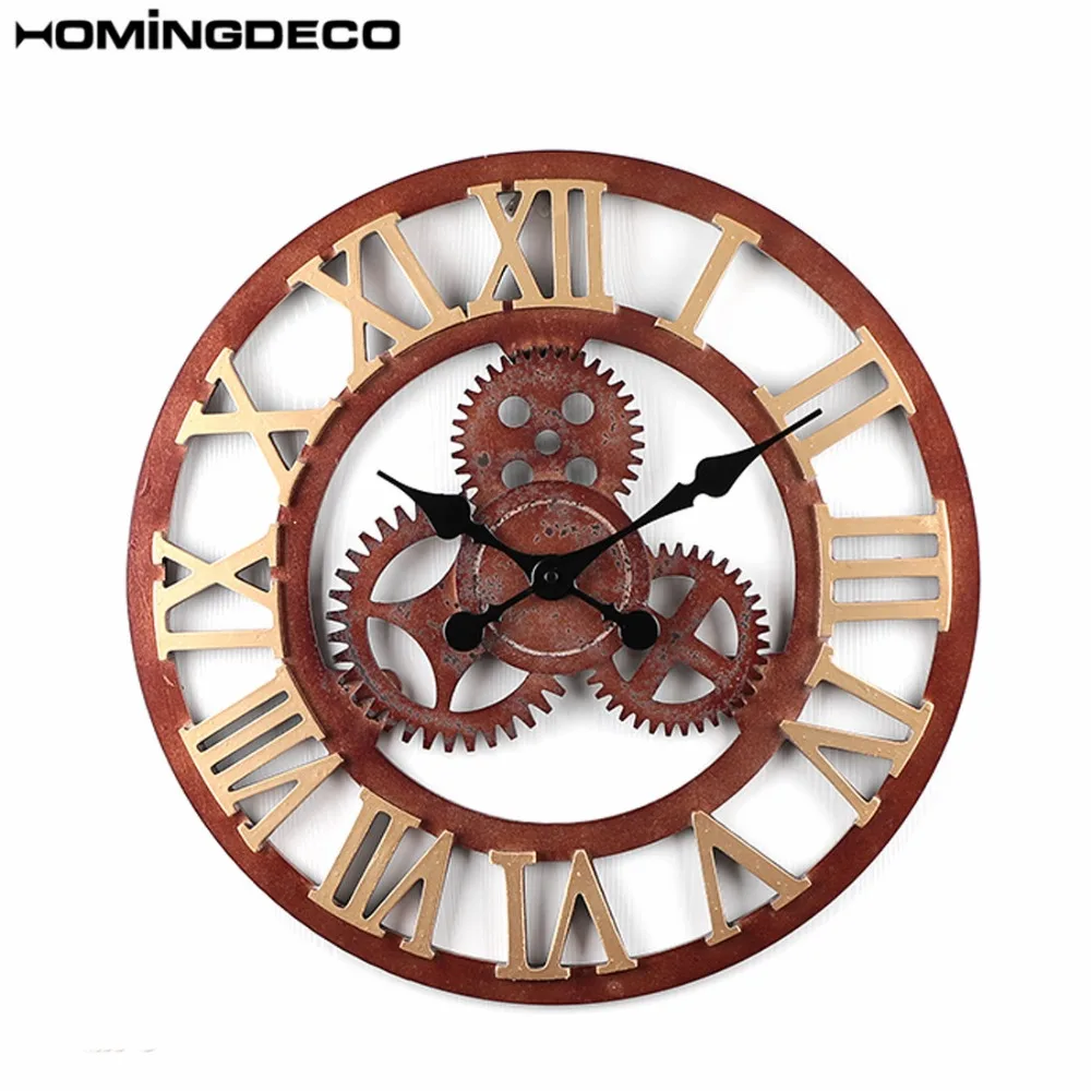 

50cm Large Vintage Style Gear Mute Wall Clock Quarz Silent Clocks For Home Decor - Rust Color Roman Numerals 2 Different Styles