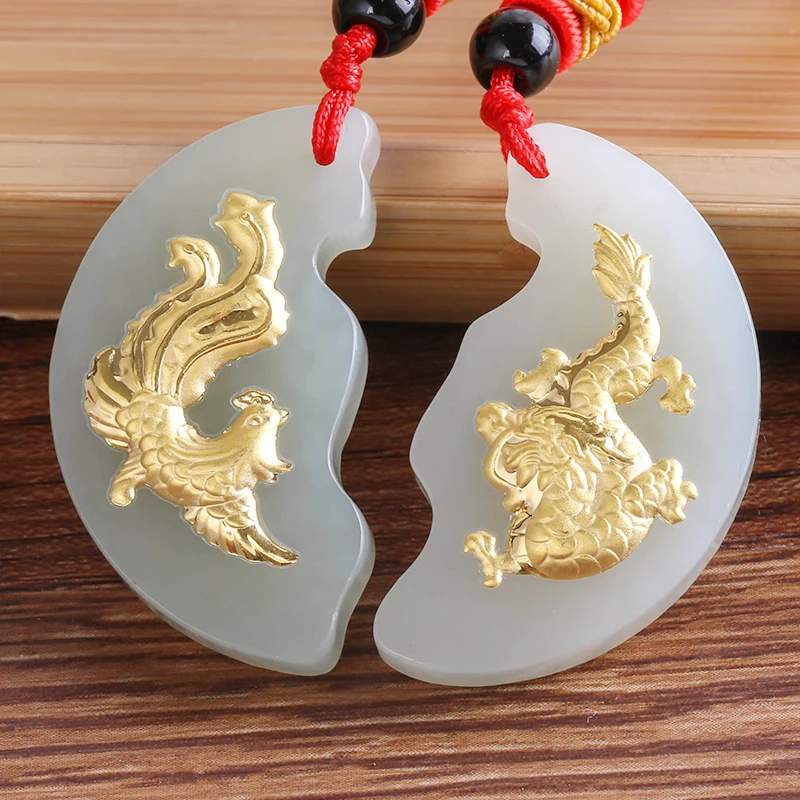 

2018 new Model Natural Hetian Jade inlaid Golden Dragon lovers pendants free shipping Fashion Animal 8608