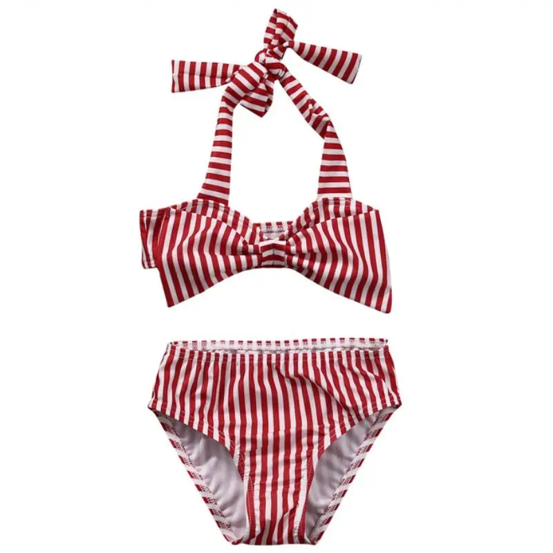 Летний купальник для девочек, комплект бикини в полоску, детский купальник, 2 предмета, купальный костюм для 1-6 лет - Цвет: Красный