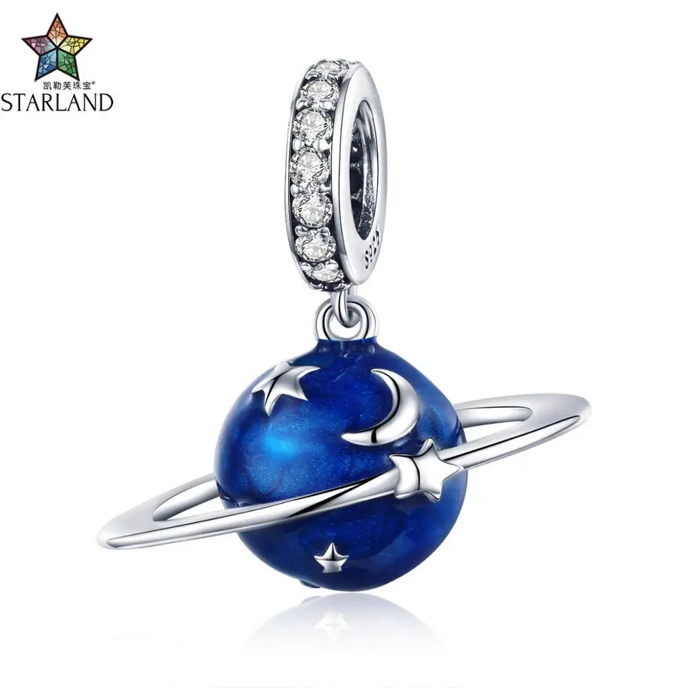

XINHUI 925 Sterling Silver Secret Planet Moon Star Pendant Blue Enamel Charms Fit Charm Bracelets Necklace Silver Jewelry