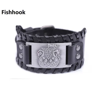 

Fishhook Unique Design Hidden Dragon with Irish Knot Amulet Wide Black Leather Men's Bracelet