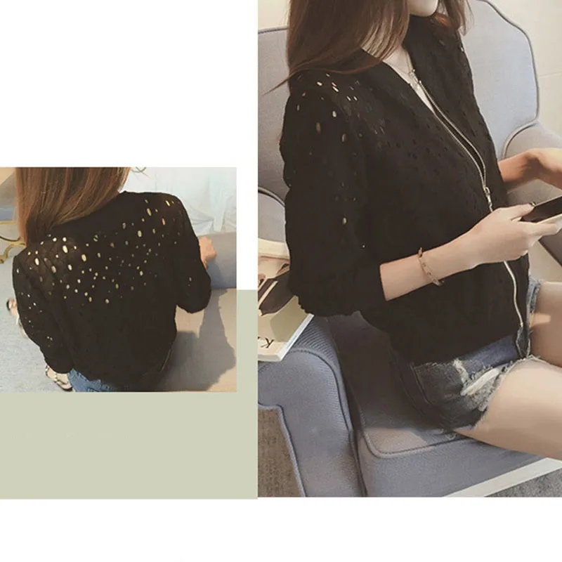 2019 Droppshiping Fashion Women Bomber Jacket Long Sleeve Lace Sunscreen Shirt Short Summer Thin Coat Casual Baseball Coat BF